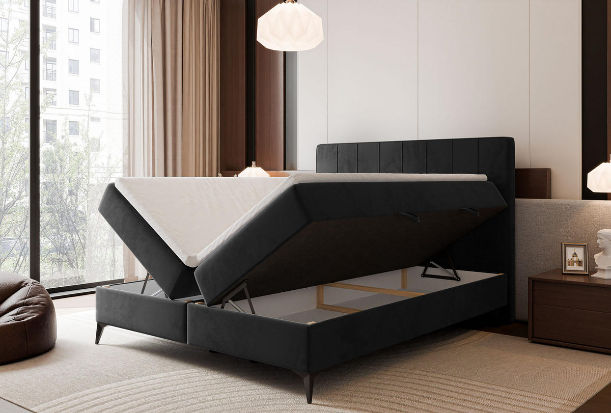 BOXBETT VERA 120x200 cm mit Matratze und Topper, Weicher wasserabweisender Samt Schwarz - Schwarz, Textil (120/200cm) - Idohome