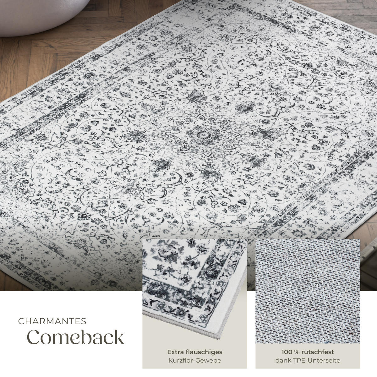TEPPICH Vintage Design Aliya,rutschfeste Unterseite,grau - Grau, Kunststoff (120/170cm) - tectake