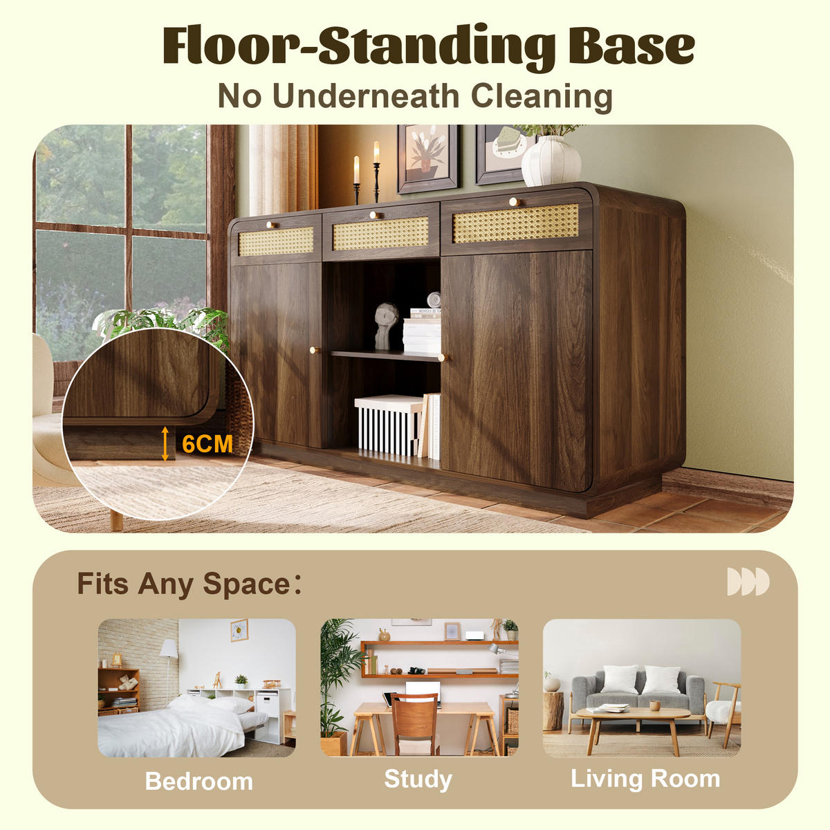 SIDEBOARD Nussbaum, Rattanfronten, Goldgriffe 3 Schubladen, 2 Schränke, Höhenverstellbare Einlegeböden - Walnussfarben, Holzwerkstoff (120/85/40cm) - Urban Meuble