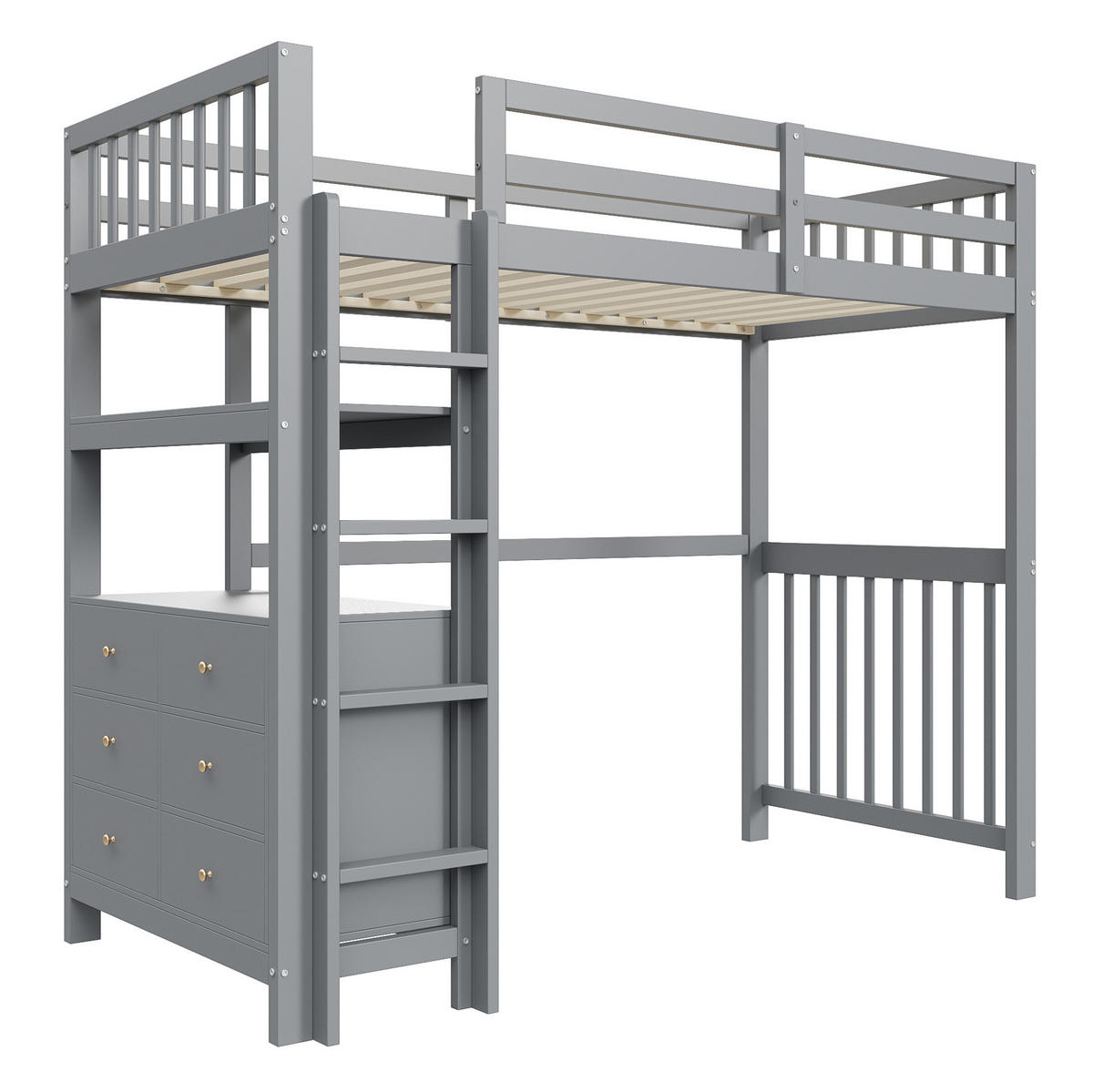 HOCHBETT 90/200 cm mit Sicherheitsleiter, 6 Schubladen, Regalen und Lattenrost aus Kiefern Holzwerkstoff, Grau - Grau, Holzwerkstoff (90/200cm) - Redom