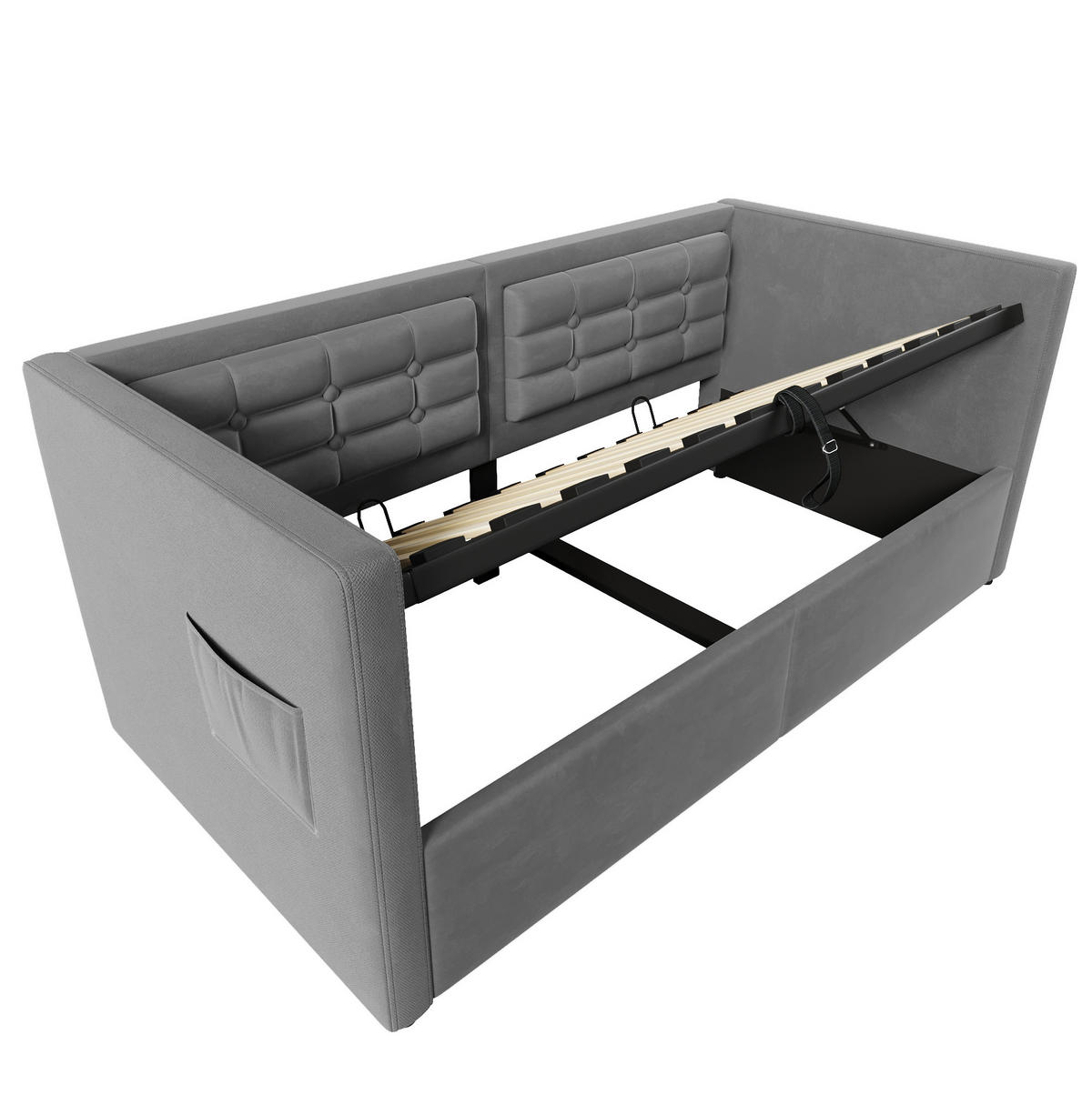 POLSTERBETT aus Samt 90x200 cm in Grau mit Stauraum & Ladestation - Grau, Textil (90/200cm) - Modfu