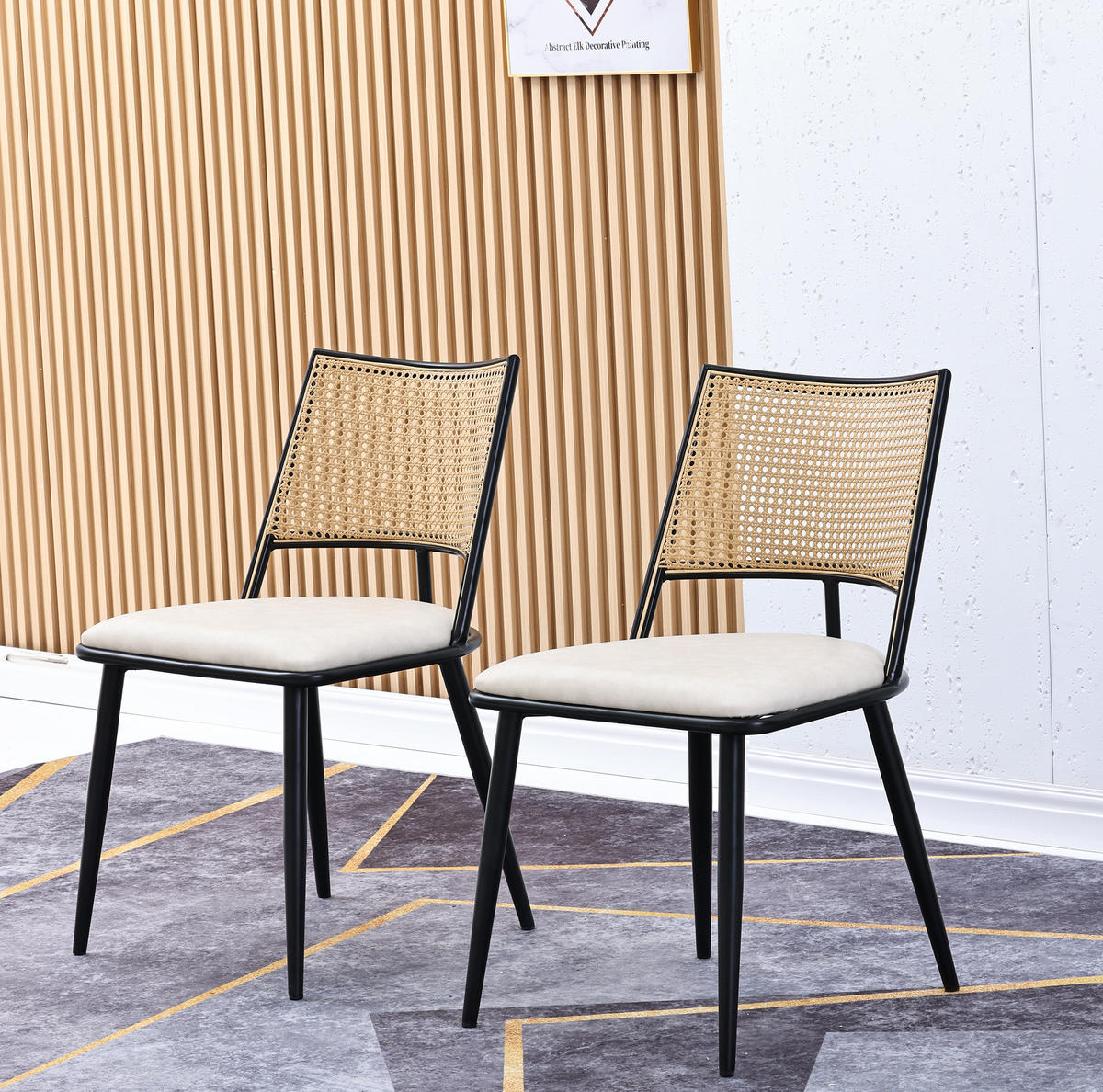 ESSZIMMERSTUHL 4er-Set mit PU-Sitz und Rattan-Rückenlehne Schwarz - Schwarz, Metall (46/80/48.2cm) - Meubliv