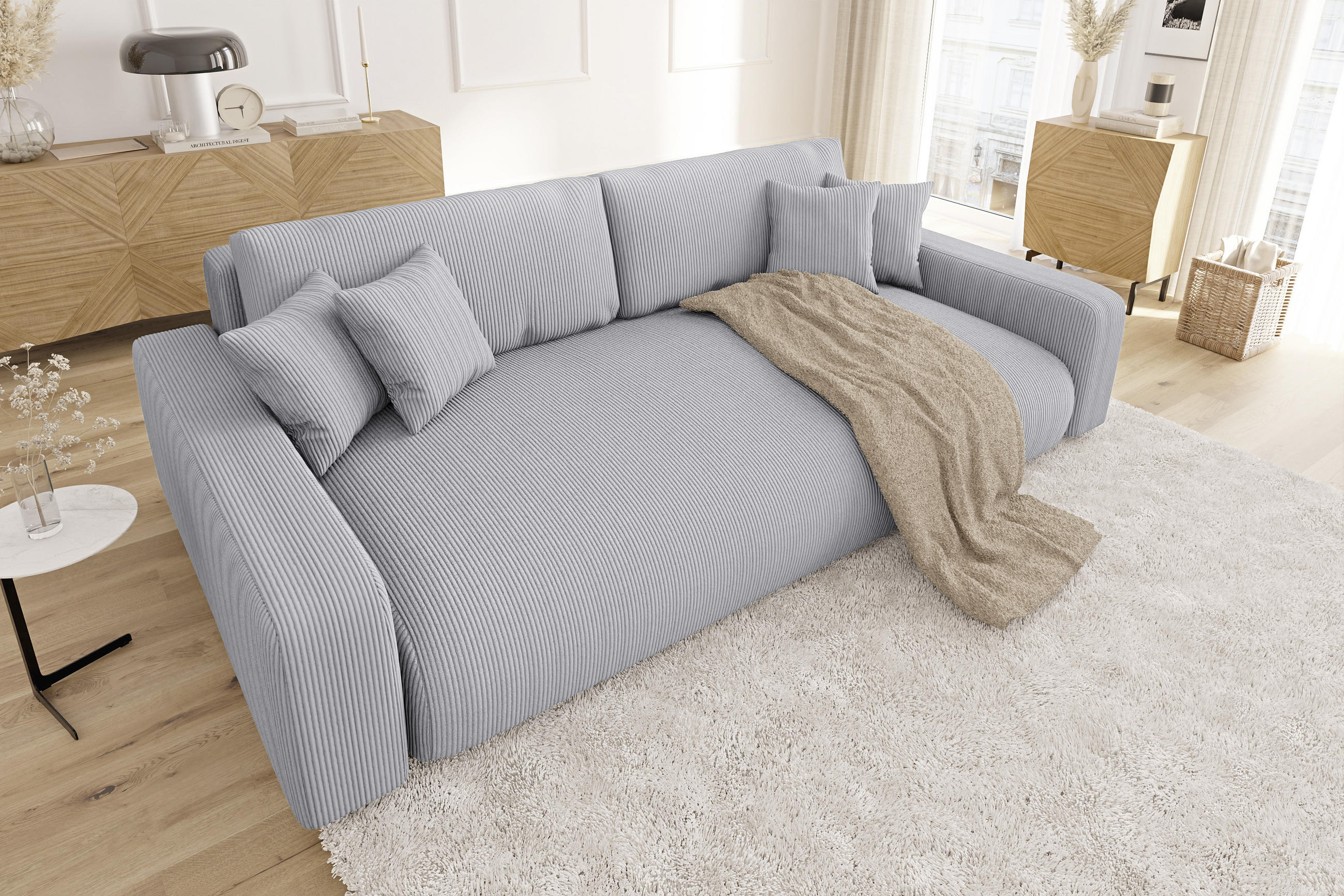 BIGSOFA Emma Hellgrau Cord - Hellgrau/Schwarz, Holz/Kunststoff (234/78/122cm) - S-Style Möbel