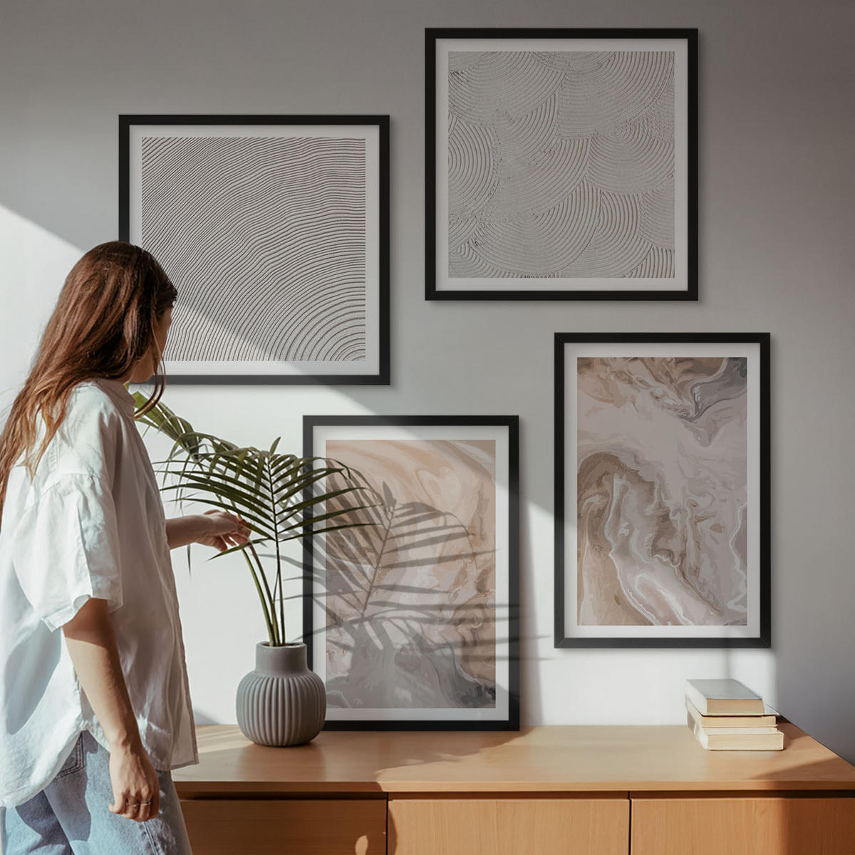 WANDBILDER 4er-Set - 50x50 cm & 40x60 cm Schwarzer Rahmen - Marmorstein-Texturmuster - Schwarz, Kunststoff (50/50cm) - ArtPrintCave
