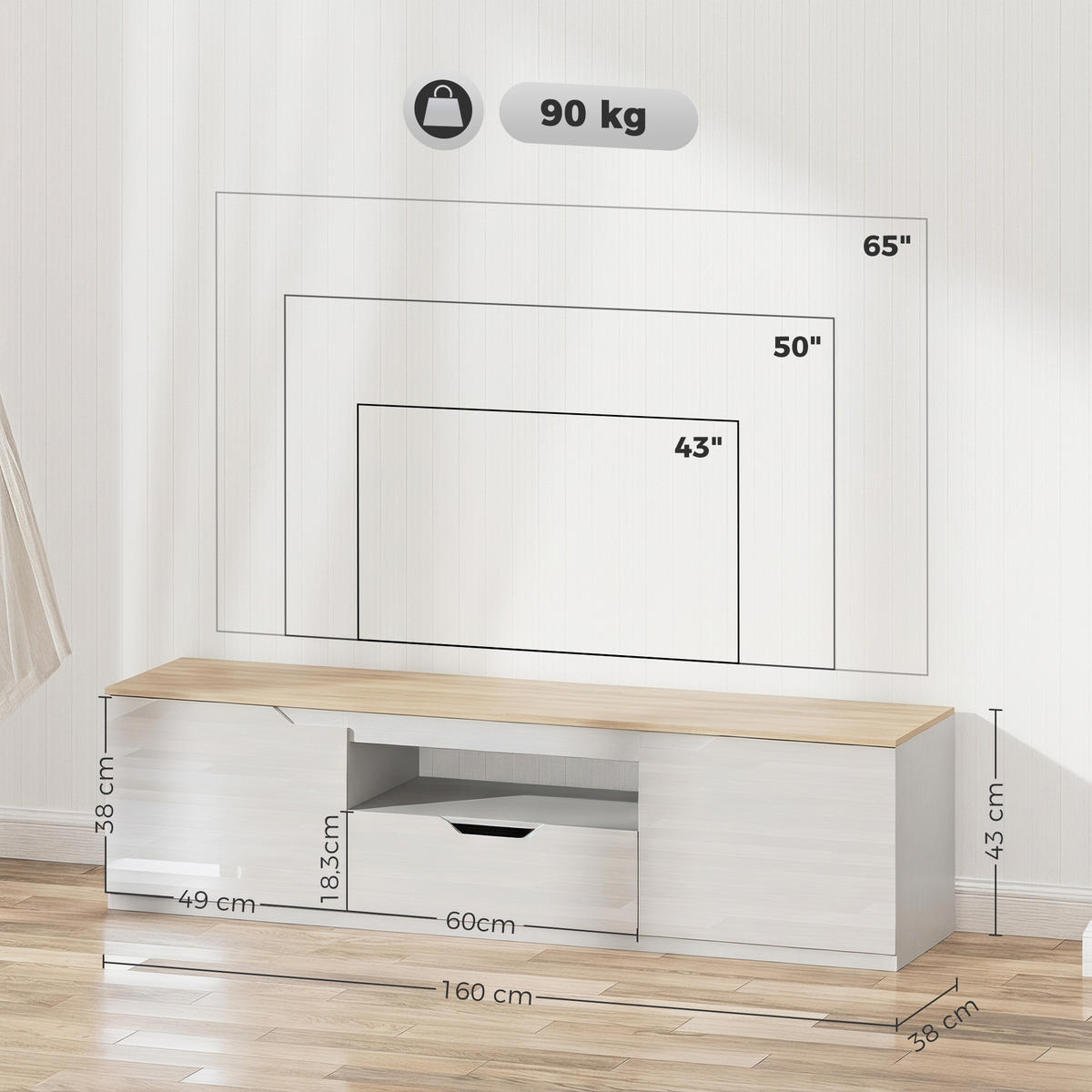 HÖGLANST TV-bänk för tv-apparater till 65 tum, 3 fack, låda, naturträ - Naturfärgad, Träbaserade material (38/43/160cm) - HOMCOM