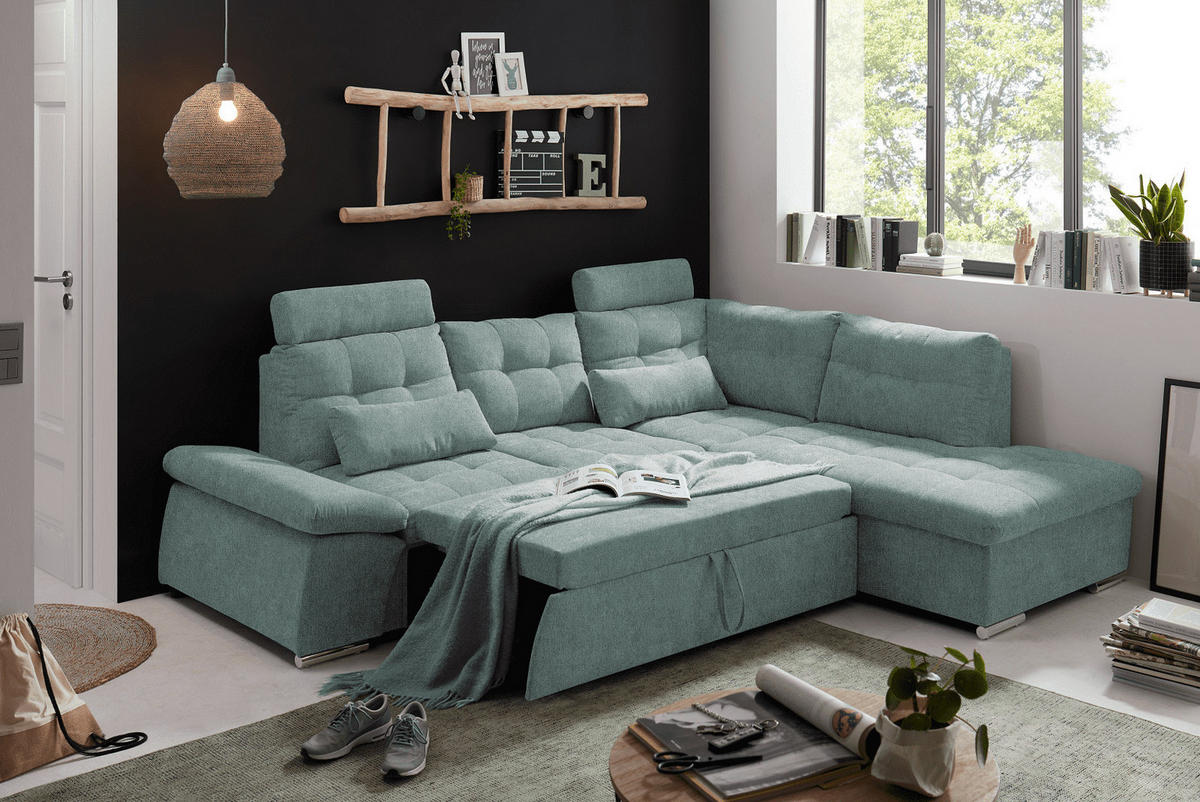 ECKSOFA mit Schlaffunktion, verstellbare Armlehne und Kopfstützen - Chromfarben/Blau, Textil (219/260cm) - ed exciting design