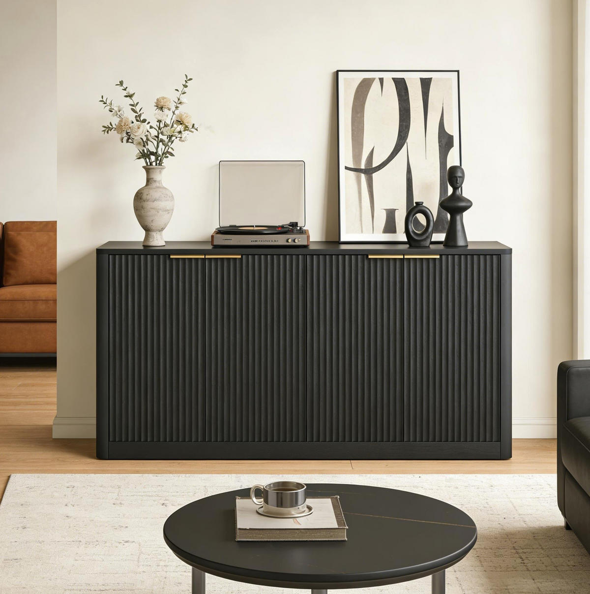 SIDEBOARD 150/40/70,5 cm in Schwarz mit 4 Türen und Wellenfront - Schwarz, Holzwerkstoff (150/70.5/40cm) - Flora Grace