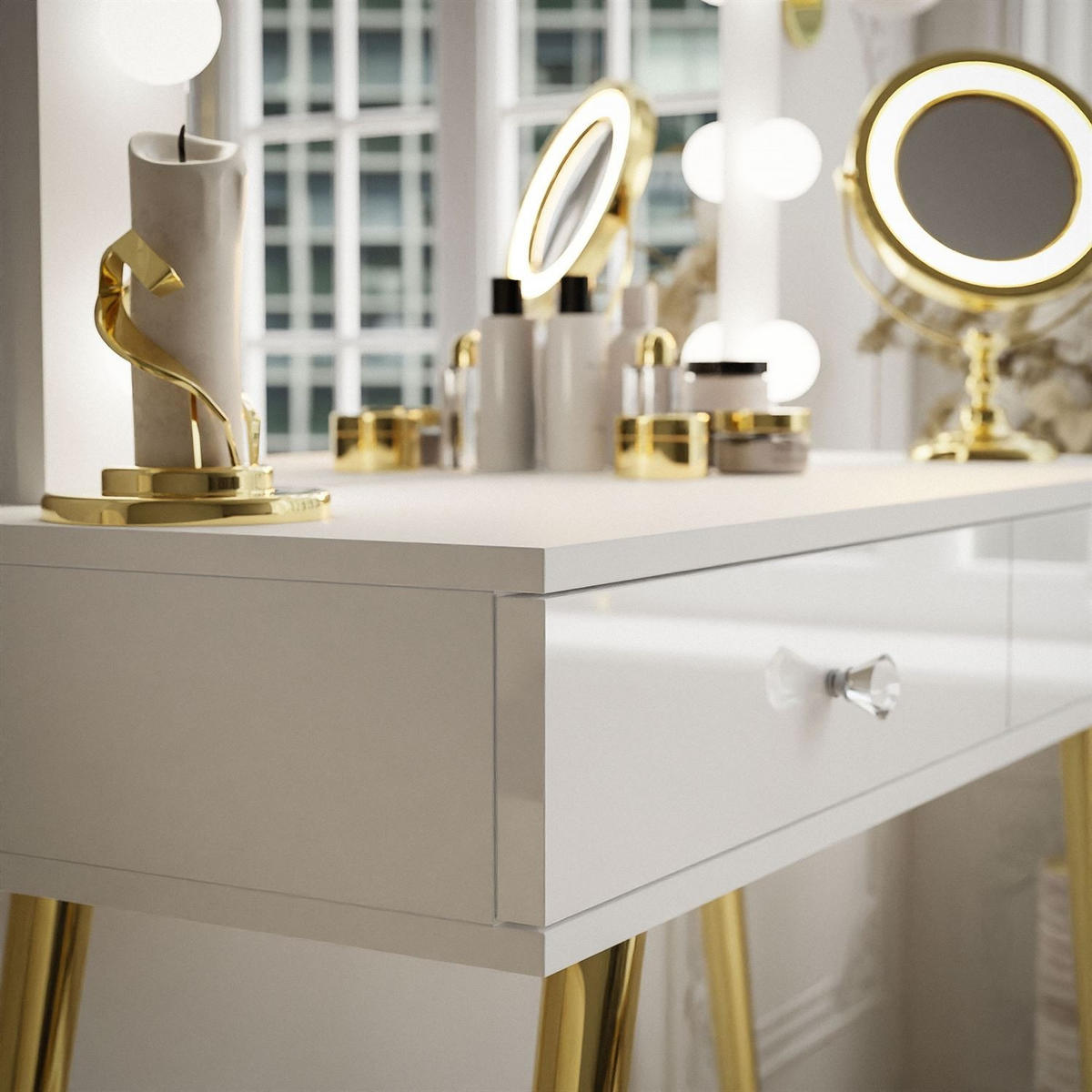 Schminktisch SIENNA GOLD mit Schubladen auf goldenen Beinen - Weiß Hochglanz/Goldfarben, Holzwerkstoff (100/81/42cm)