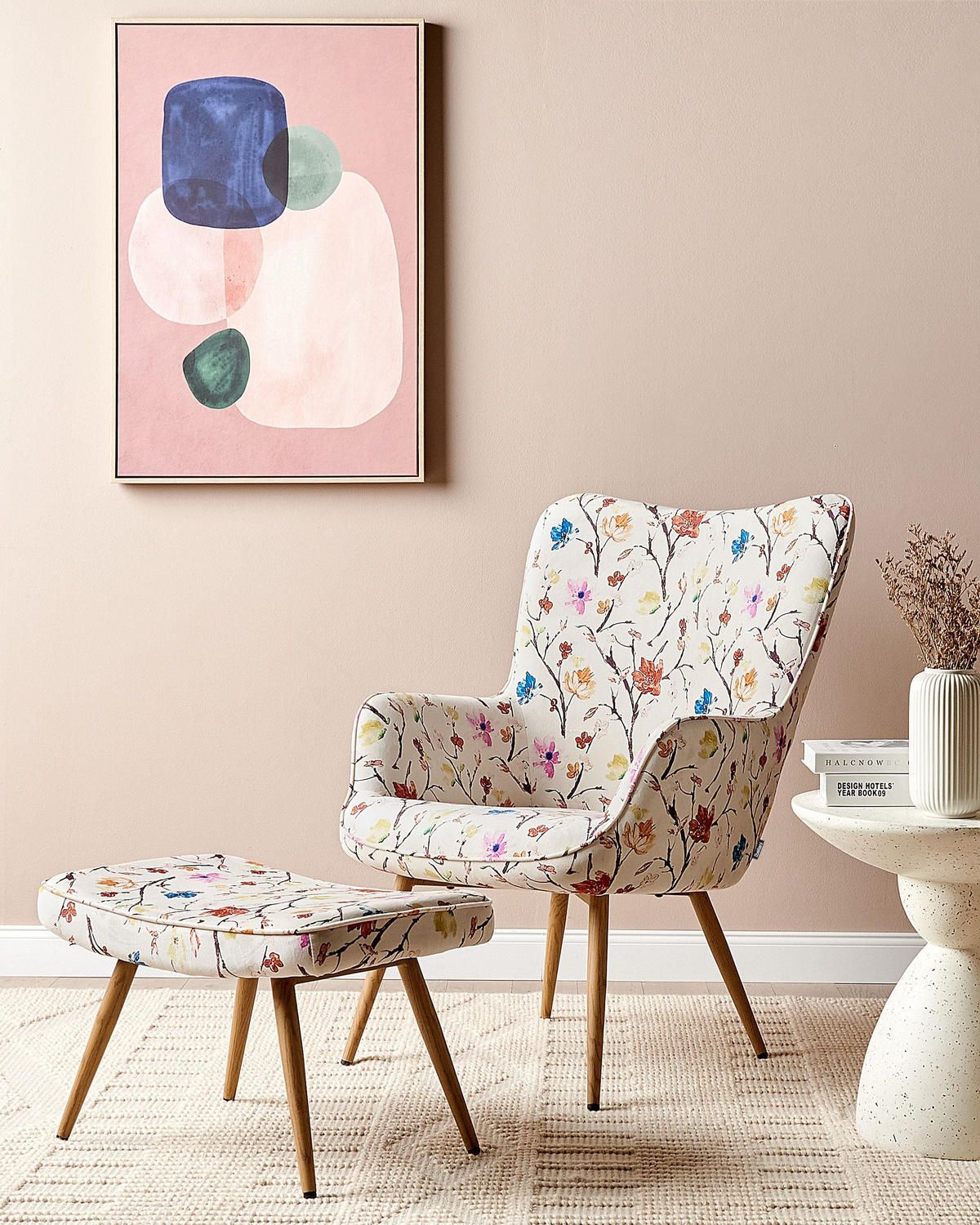 SESSEL Blumenmotiv Cremeweiß mit Hocker Vejle - Hellbraun/Multicolor, Textil (73/93/78cm) - Beliani