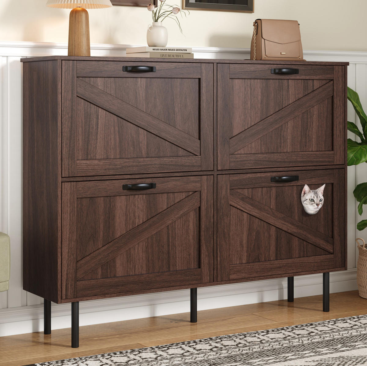 SCHUHSCHRANK 120/28/92 cm mit 4 Türen, 3 Klappen und integriertem Katzenspielzeug, Natur-Walnuss - Naturfarben, Holzwerkstoff (120/92/28cm) - Redom