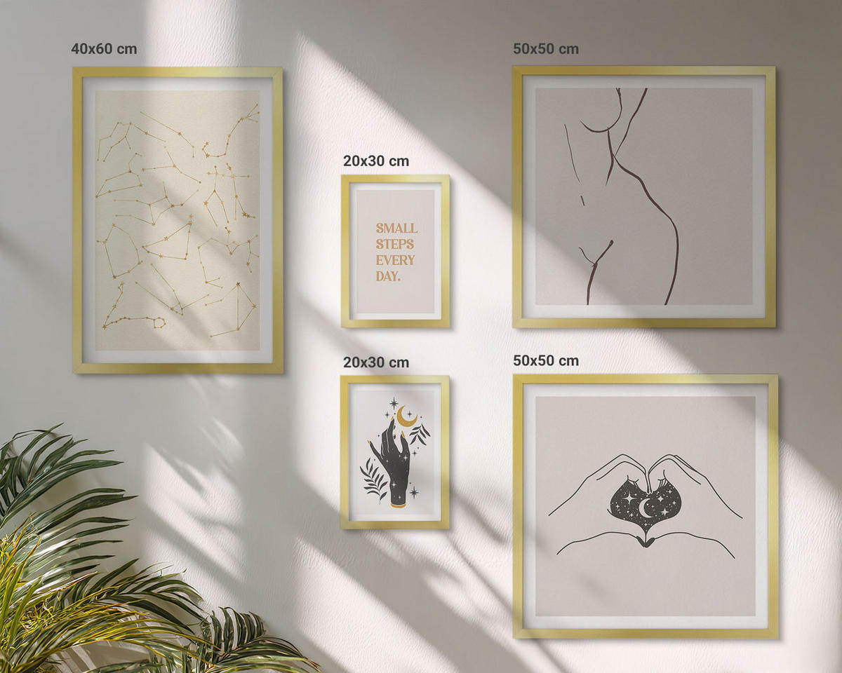 BILDER SET 5er Set - 50x50 cm & 20x30 cm & 40x60 cm Goldrahmen - Minimalistische Boho-Illustrationen - Goldfarben, Kunststoff (40/60cm) - TULUP