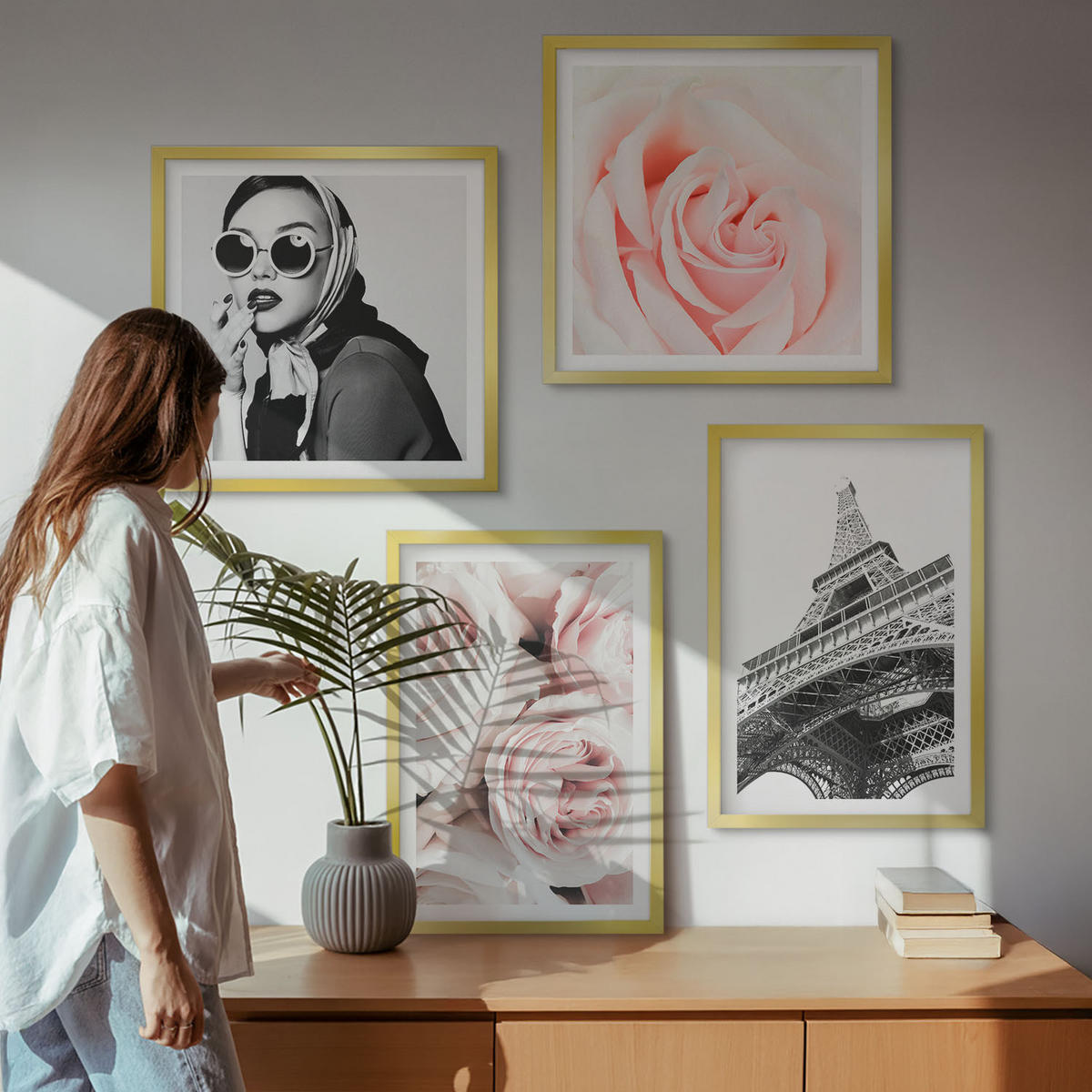 WANDBILDER 4er Set - 50x50 cm & 40x60 cm Goldrahmen - Eiffels Porträt einer Frau mit Rosen - Goldfarben, Kunststoff (50/50cm) - ArtPrintCave
