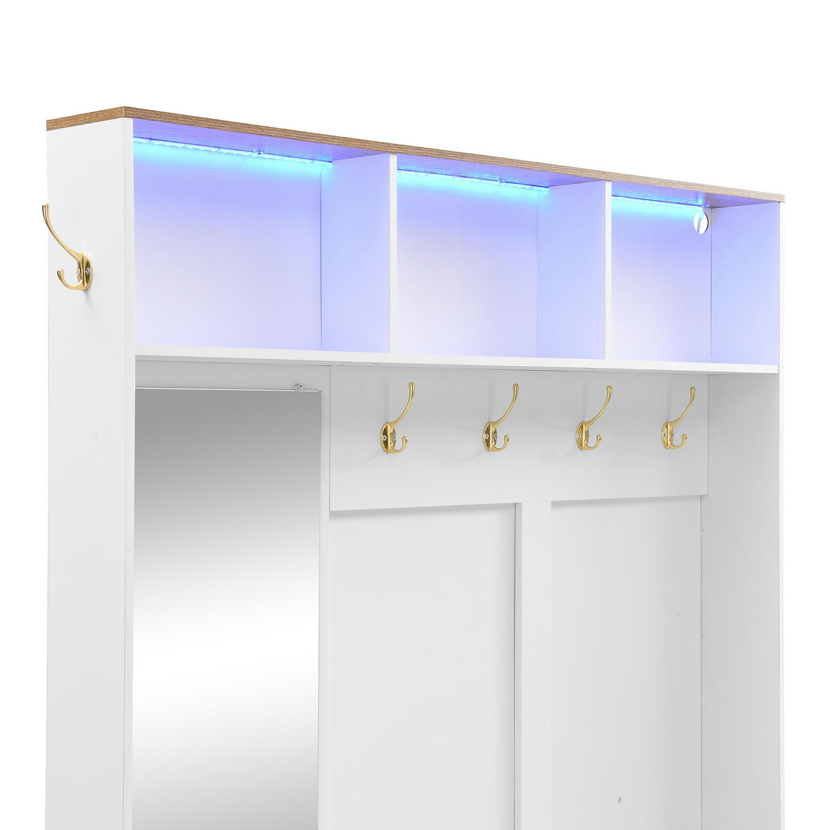 GARDEROBE Flurgarderobe Garderobenschrank LED Spiegel Haken Schubladen Sitzbank 187/120/40 cm - Weiß/Naturfarben, Glas/Holzwerkstoff (120/187/40cm) - EVRYAE