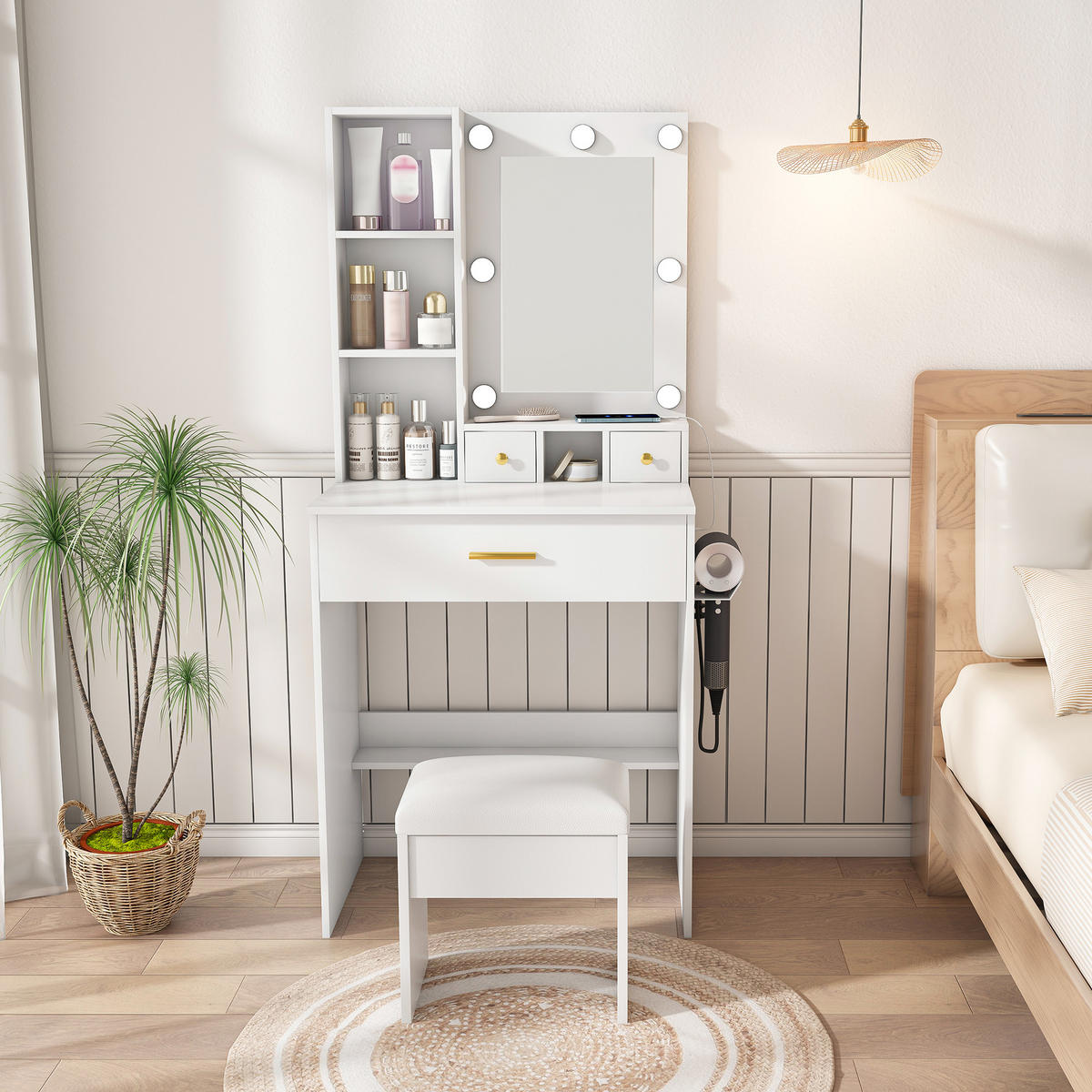 SCHMINKTISCH in Weiß Frisiertisch mit Hocker, Spiegel, LED und Steckdose, für kleine Schlafzimmer, B60/H131.5/T38cm - Weiß, Holzwerkstoff (60/131.5/38cm) - STILVORA