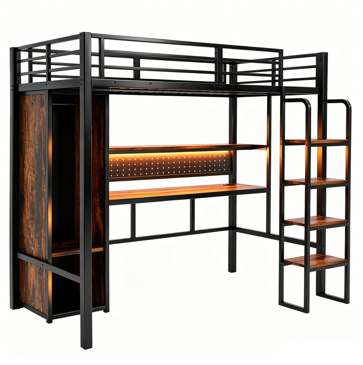 HOCHBETT 90/200 cm aus Metall und MDF mit Schreibtisch, Kleiderschrank, Regal und LED-Beleuchtung, Schwarz - Schwarz, Metall (90/200cm) - Redom
