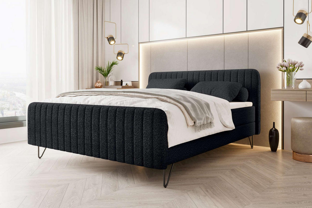 BOXSPRINGBETT LUCIO Bouclé-Stoff Schwarz 160/200 cm - Schwarz, Textil/Metall (160/200cm) - 99rooms
