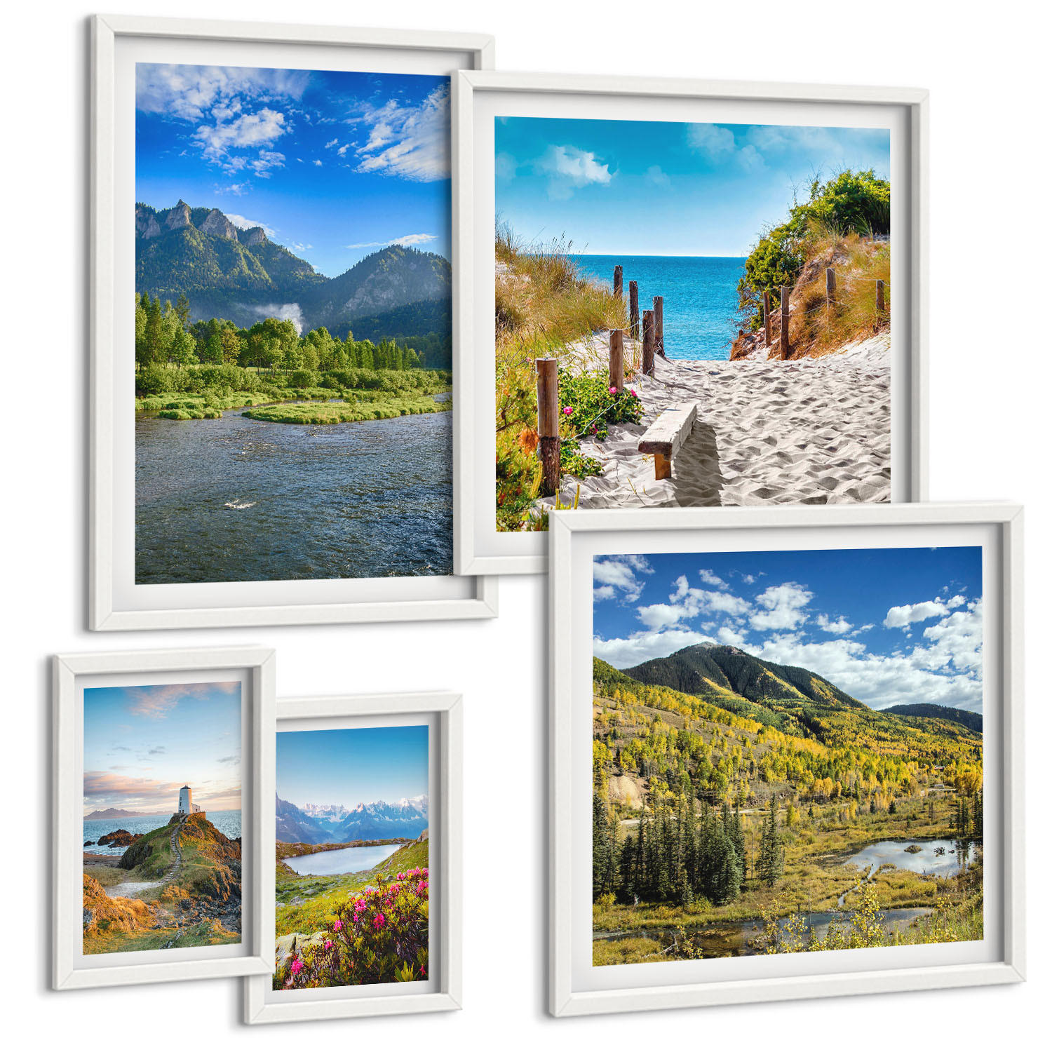 BILDER SET 5er Set - 50x50 cm & 20x30 cm & 40x60 cm Weißer Rahmen - See, Brücken, Berge - Weiß, Kunststoff (40/60cm) - TULUP
