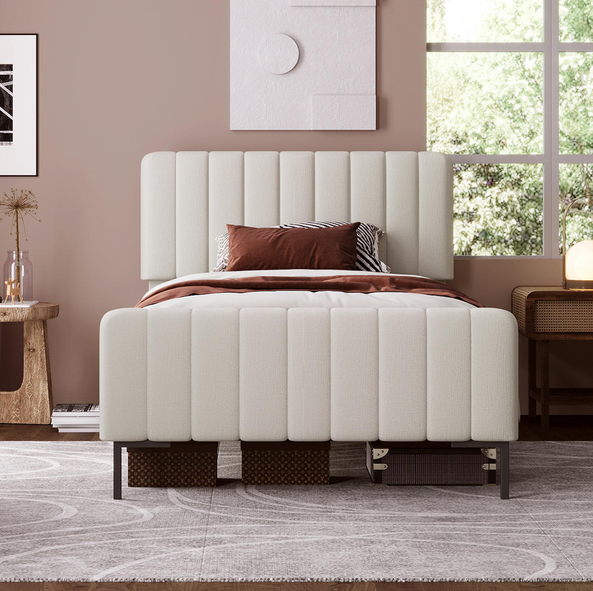 POLSTERBETT aus Leinen und Massivholz 90x200 cm Grau-Beige mit Matratze und verstellbarem Kopfteil - Beige, Textil (90/200cm) - IVMEU