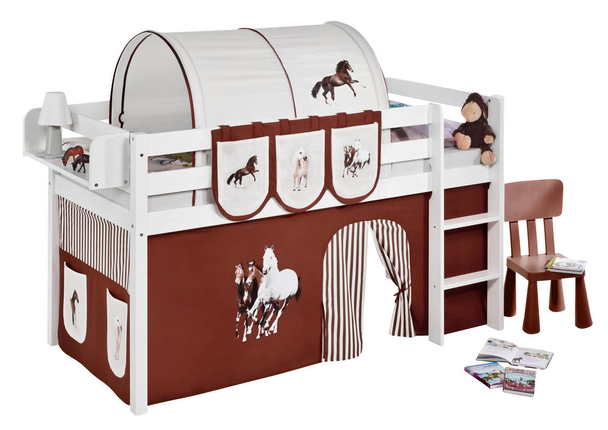 HOCHBETT Jelle mit PFERDE Vorhang - Kinderbett - Weiß, Holz - Lilokids