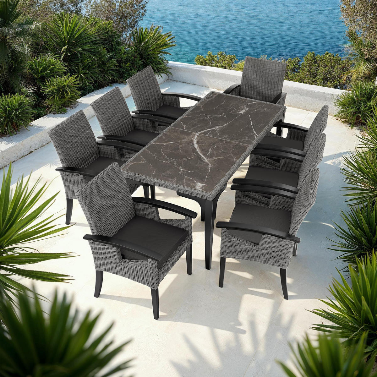 GARTENTISCH Foggia mit 8 Stühlen Rosarno, Armlehnen und Beine aus Holz, grau - Grau, Kunststoff - tectake
