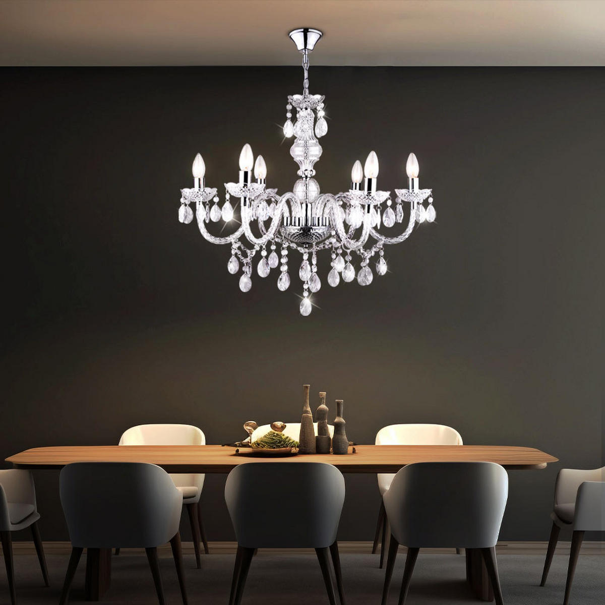 LED KRONLEUCHTER CUIMBRA I Silber Kristalloptik - Silberfarben, Metall (61/61/166cm)