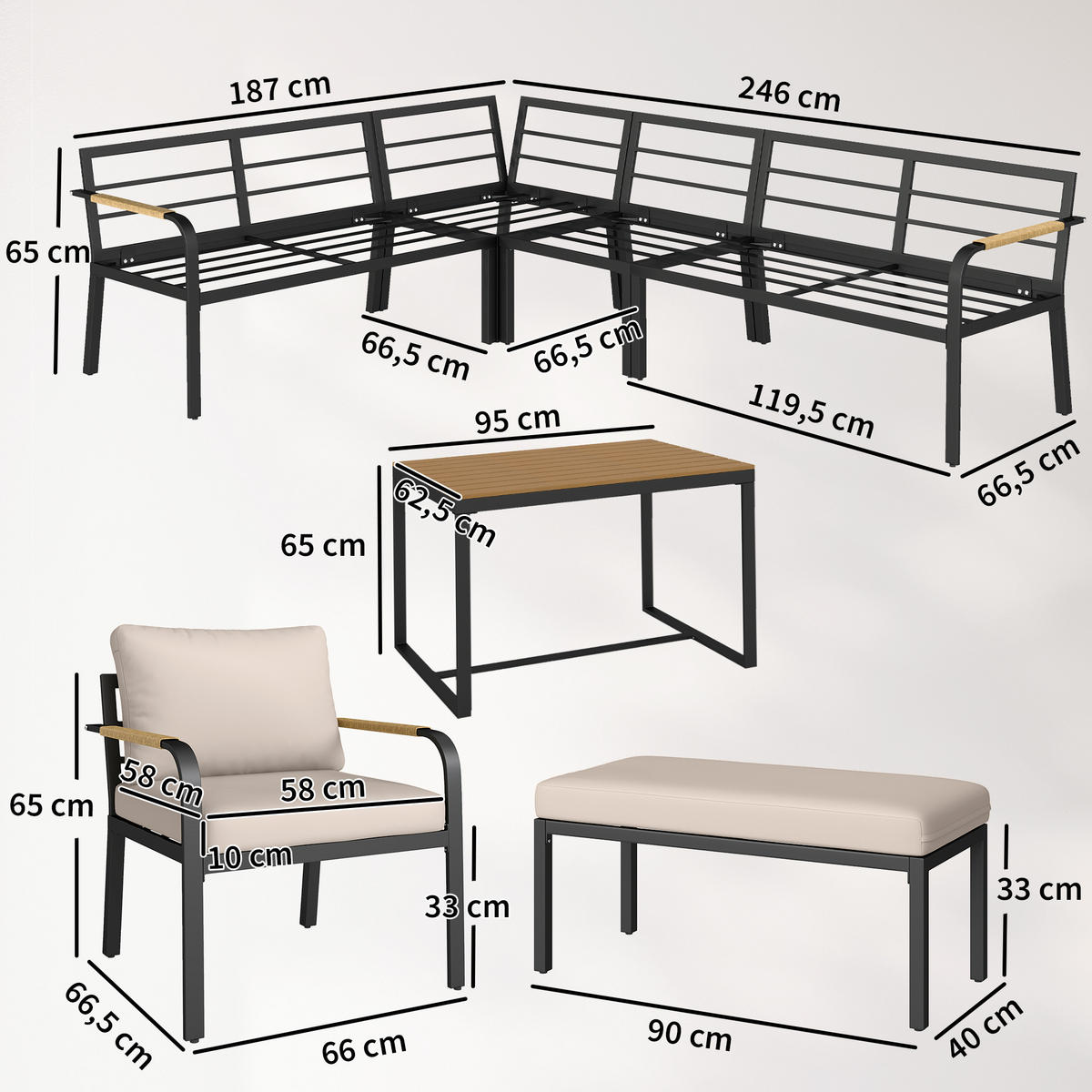 GARTENLOUNGE-SET 7tlg DE-13711 modular mit WPC-Tisch Beige & Grau - Mokka, Metall - ComfortXL