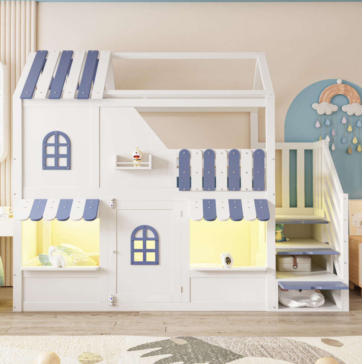 ETAGENBETT 90/200 cm mit LED, Stauraumleiter und Regalen im Hausdesign, Weiß/Blau - Weiß, Holzwerkstoff (90/200cm) - Redom