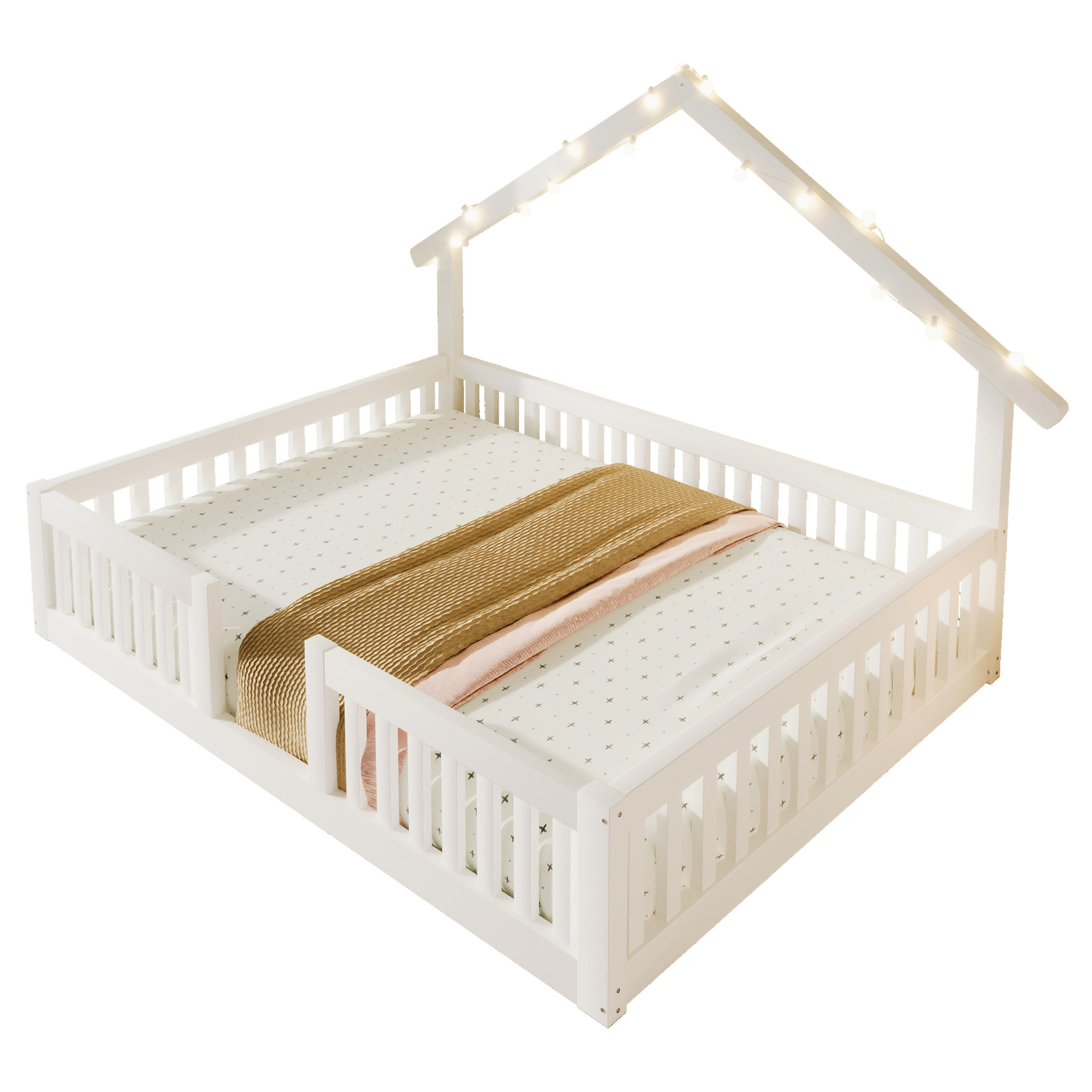 KINDERBETT 140/200 cm in Weiß mit LED und Sicherheitsgitter aus Holz im Hausdesign - Weiß, Holzwerkstoff (140/200cm) - STILVORA