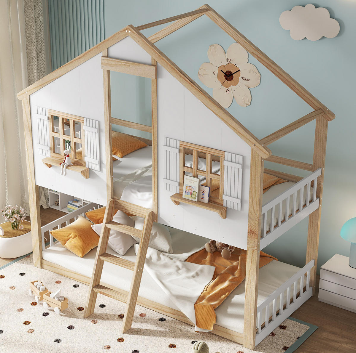 DOMČEKOVÁ posteľ, 90/200 cm masívne drevo + MDF biela/prírodná so strieškou a okienkami - biela, kompozitné drevo (90/200cm) - BEAOK