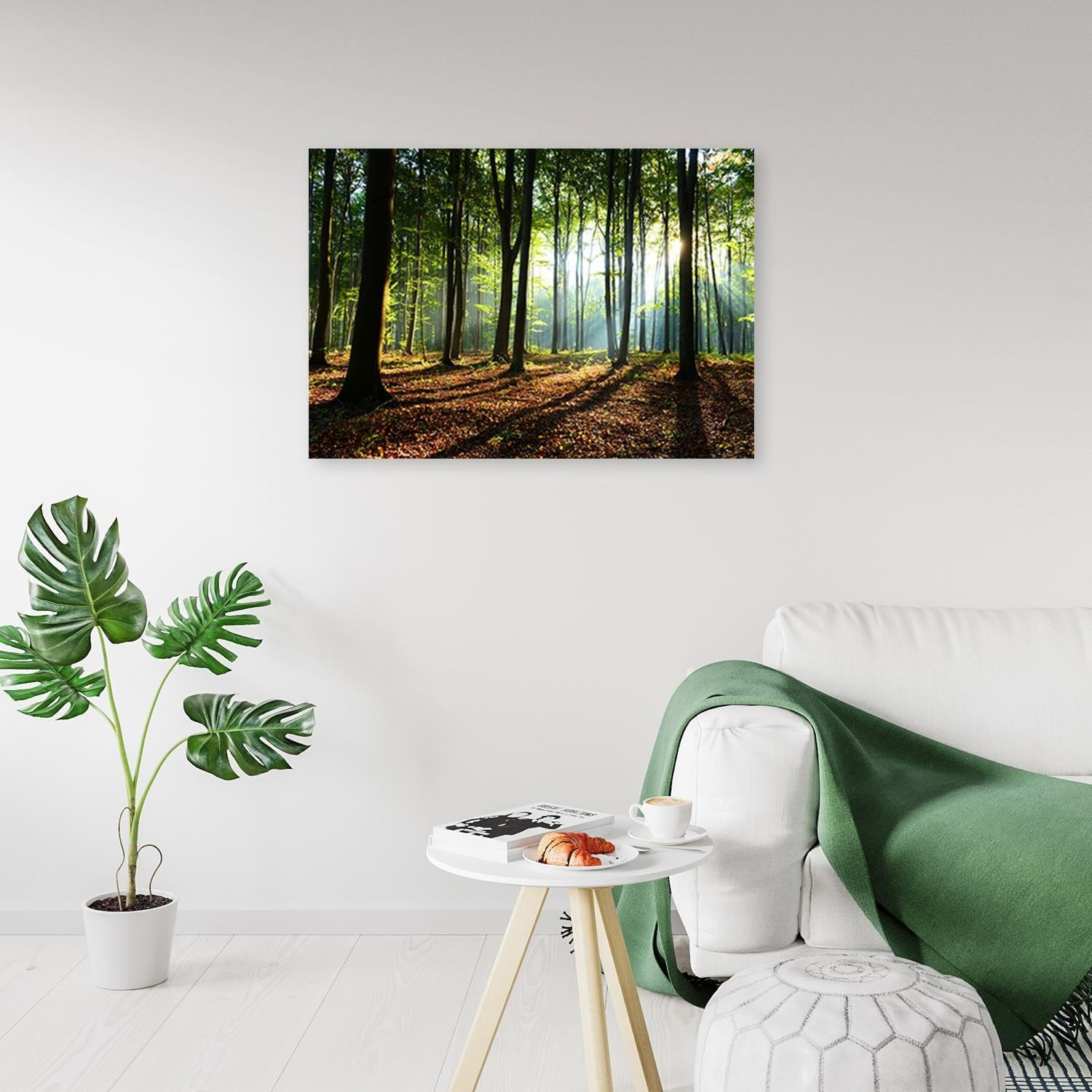 LEINWANDBILD Wald bei Sonnenaufgang 120x80cm - Grün, Textil (120/80cm) - Feeby