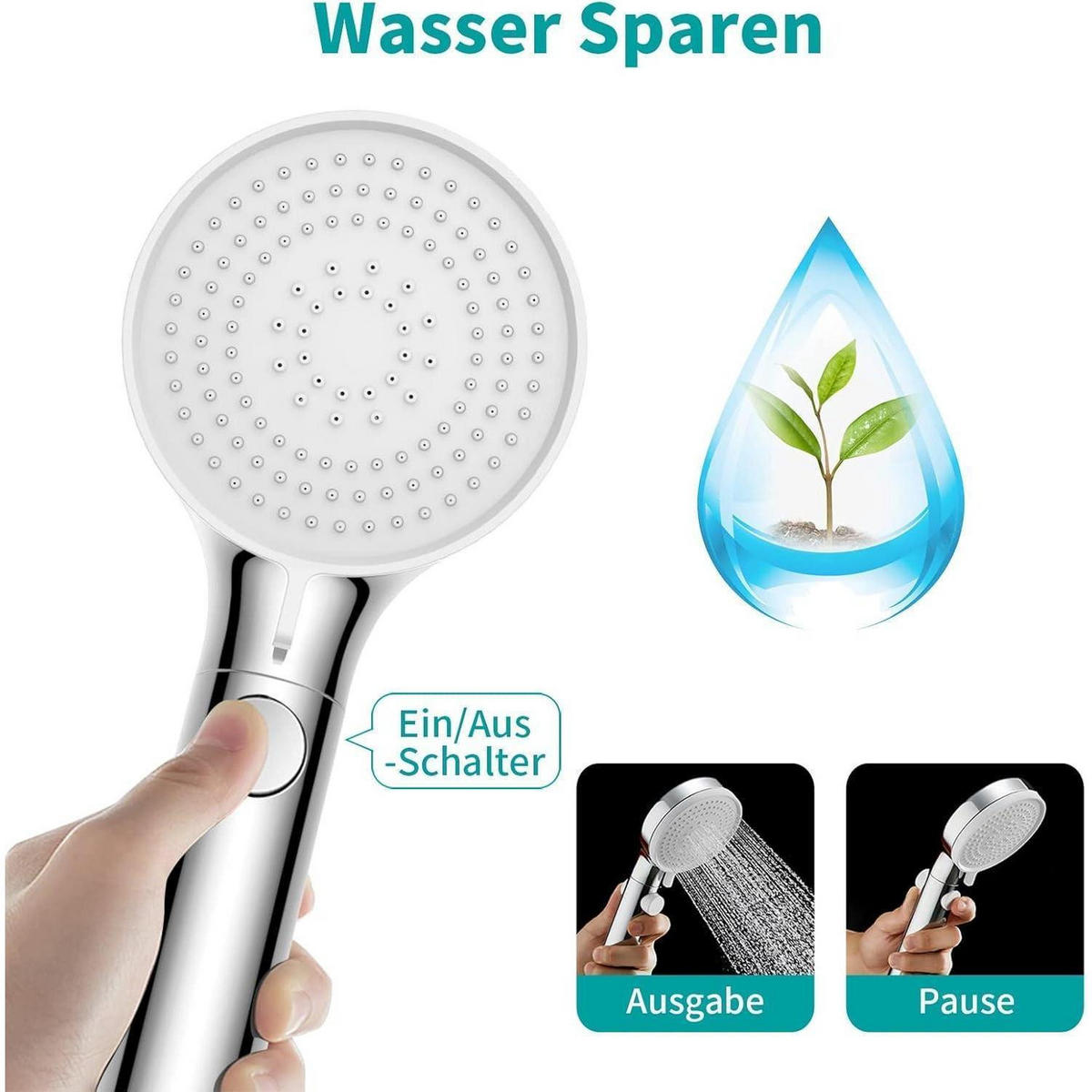 HANDBRAUSE Set 3 Strahlarten Wassersparend mit Schlauch und Halterung - Silberfarben, Metall (9/12.7/24.5cm)