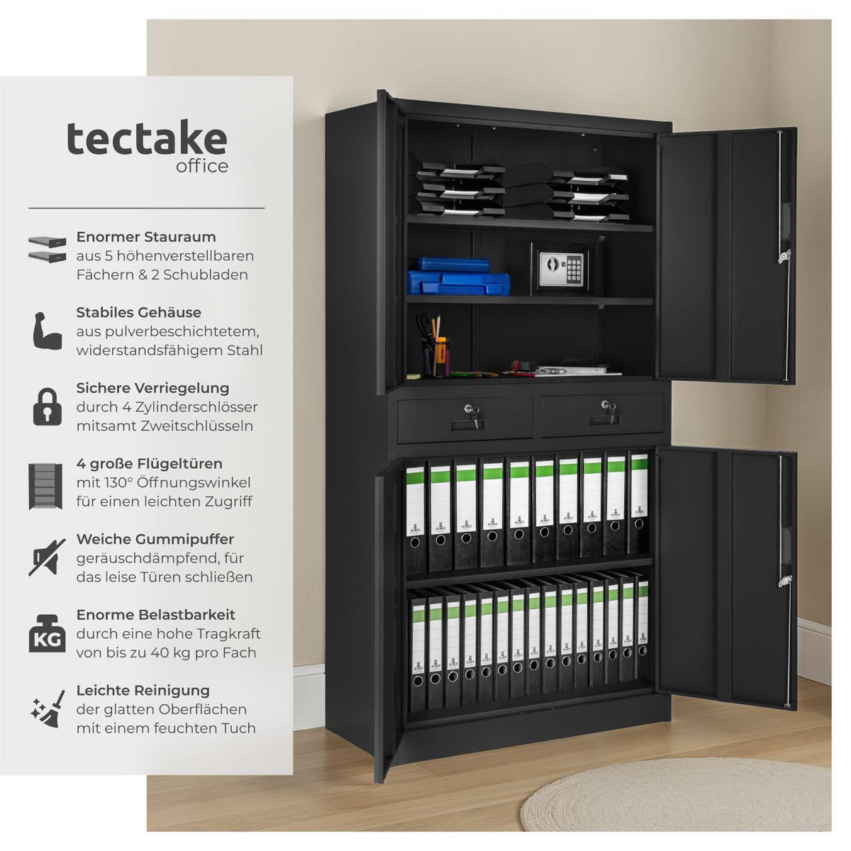 AKTENSCHRANK ,180 x 80 x 40 cm,schwarz/schwarz - Schwarz, Metall (40/180/80cm) - tectake
