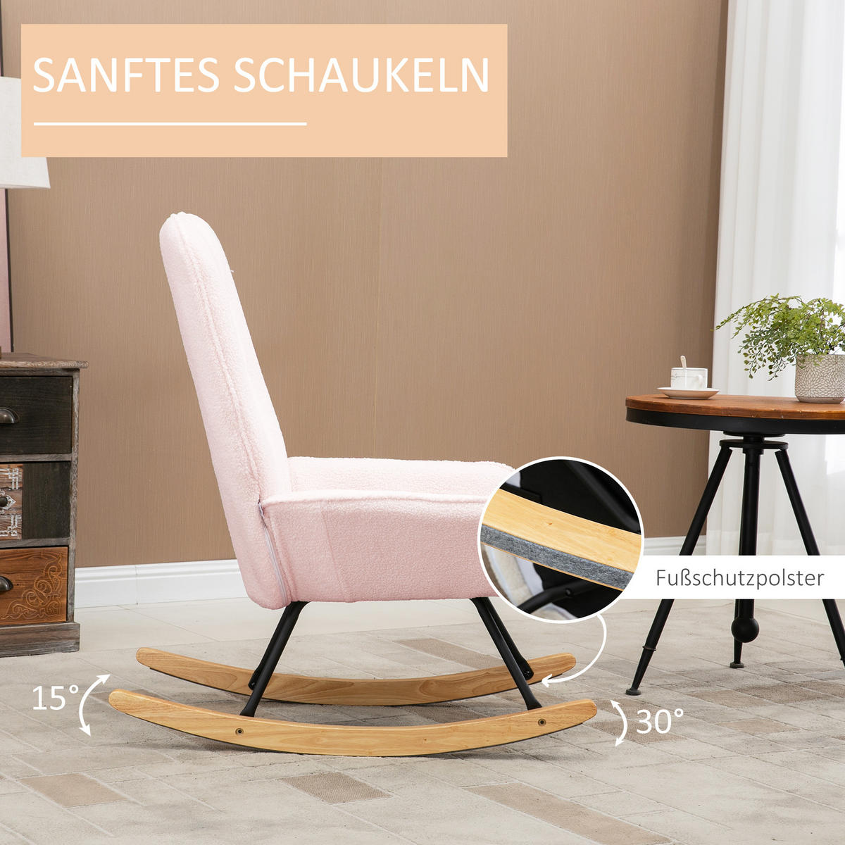 SCHAUKELSTUHL Schwingsessel Gepolsterter Schaukelsessel bis 150 kg Belastbar - Rosa, Holz (95/97/63cm) - HOMCOM