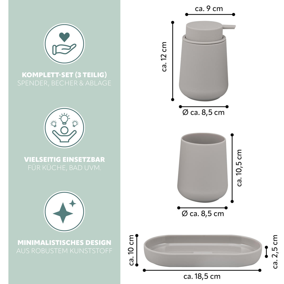 BAD-ACCESSOIRES-SET TESERO, Soft-Touch, taupe - Taupe, Kunststoff (18.5/13.5/10cm) - eluno