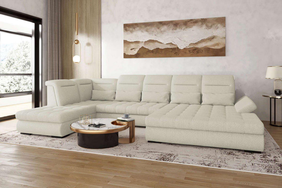 WOHNLANDSCHAFT Toscana Strukturstoff inkl. Schlaffunktion - Hellgrau, Textil (358/87/208cm) - 99rooms