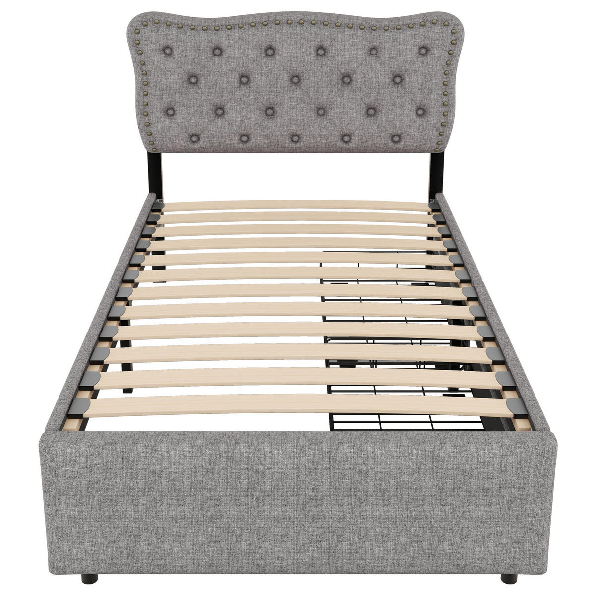 POLSTERBETT 90/200 cm grau mit Aufbewahrung und verstellbarem Nachttisch - Grau, Textil (90/200cm) - OKWISH