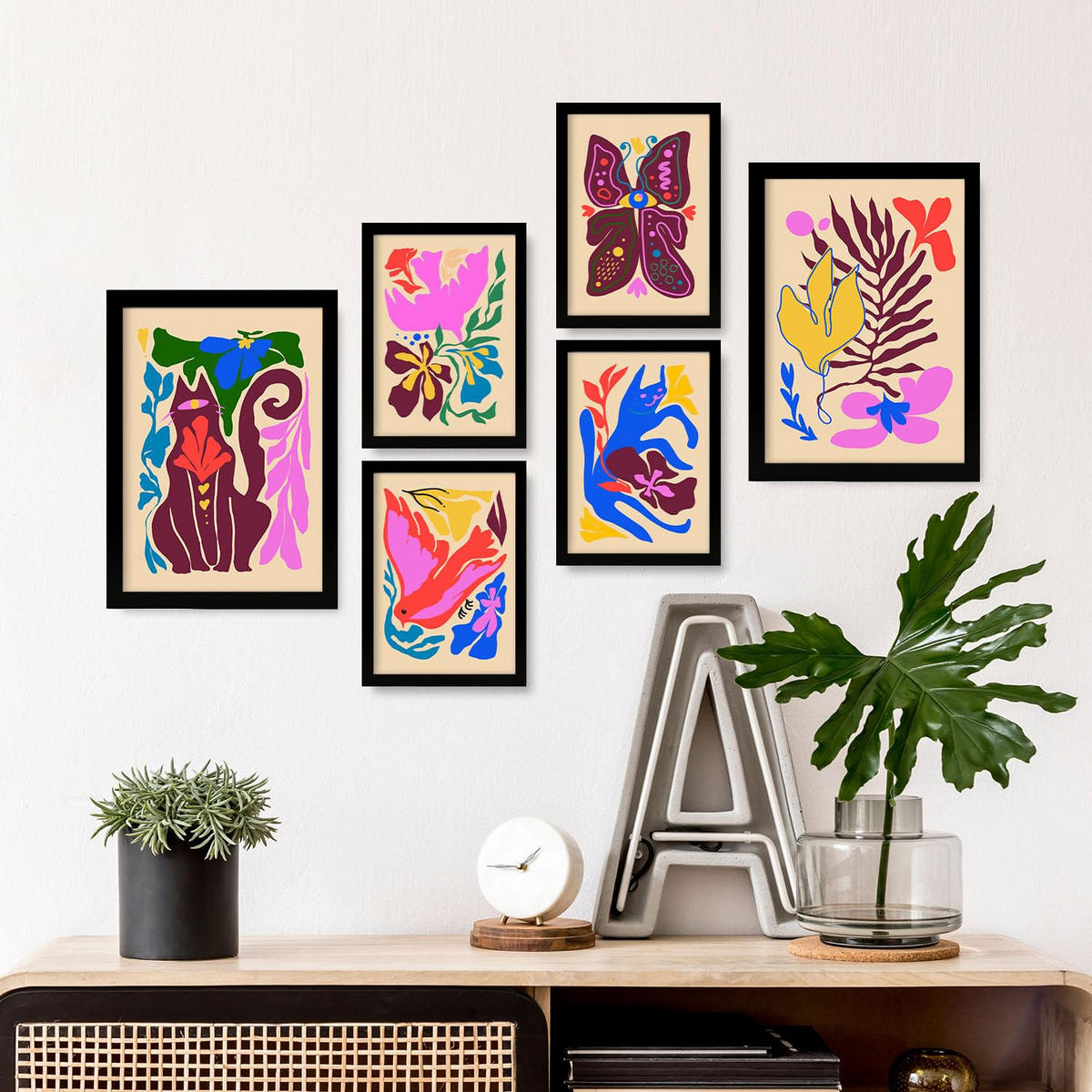 POSTER Set Mit 6 Malerisch 1 In Tiere Abstracts Ästhetische Dekorative Gemälde Für Ihr Wohnzimmer, Schlafzimmer, Zuhause A3 & A4 Schwarzer Rahmen - Schwarz, Papier (29/3cm) - Nacnic