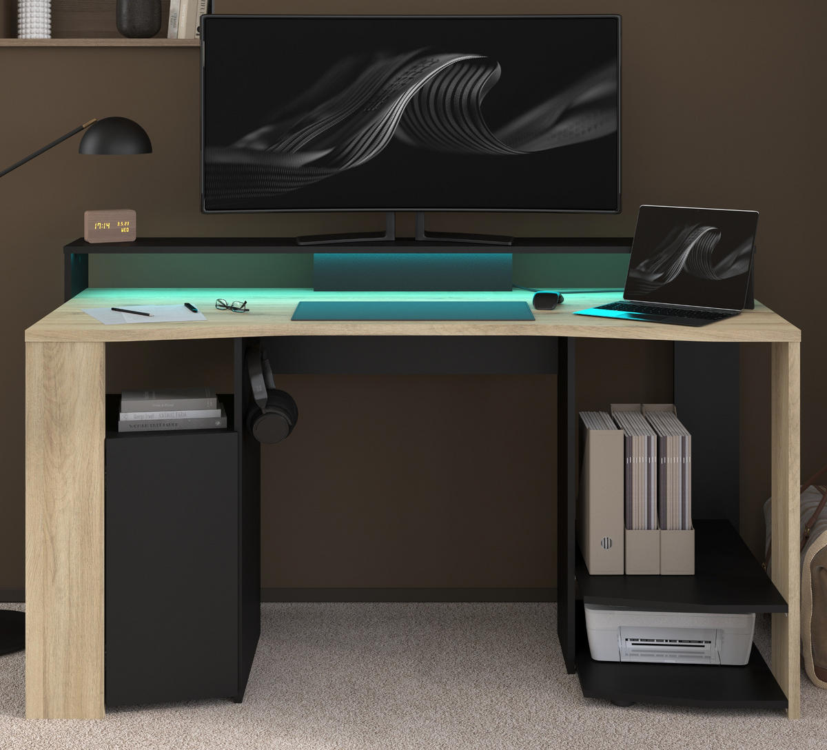 GAMINGTISCH Eiche, schwarz 152 cm, Gamer Schreibtisch inklusive LED mit Farbwechsel - Eichefarben/Schwarz, Holzwerkstoff/Metall (62/152/88cm) - Parisot Meuble