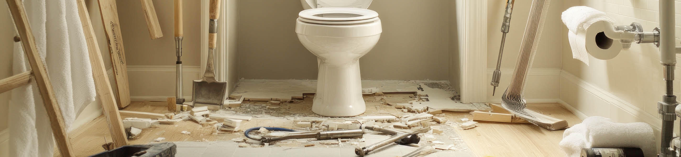 Blick auf ein Badezimmer mit einer Toilette in der Mitte, umgeben von Werkzeugen und Baustellenmaterialien, was auf Renovierungsarbeiten hinweist.