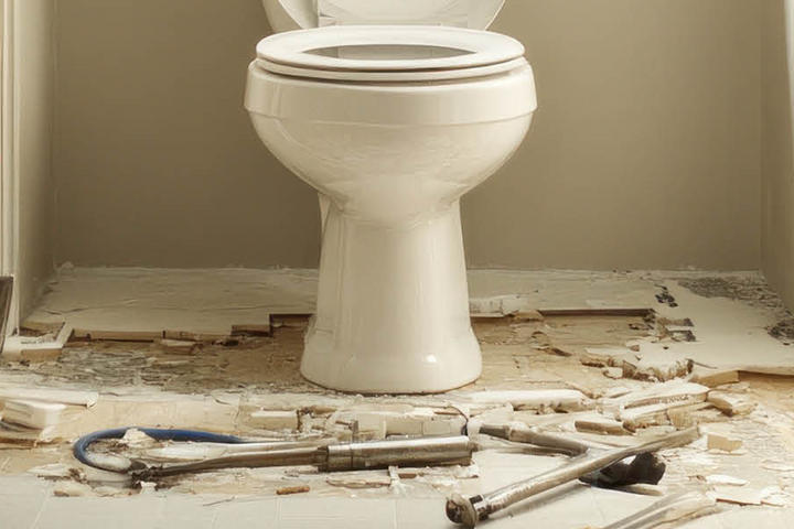 Blick auf ein Badezimmer mit einer Toilette in der Mitte, umgeben von Werkzeugen und Baustellenmaterialien, was auf Renovierungsarbeiten hinweist.