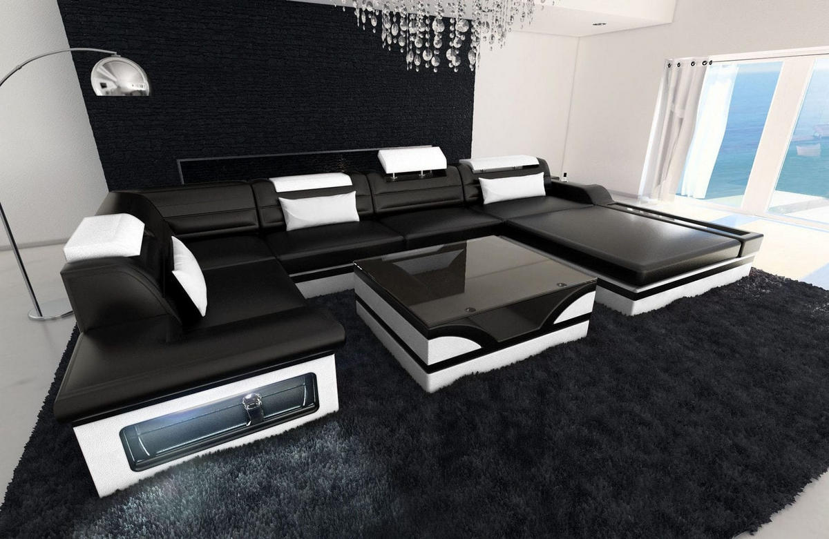 SOFA Mezzo U Schwarz Weiß Kunstleder - Schwarz, Textil (372/78/214cm)