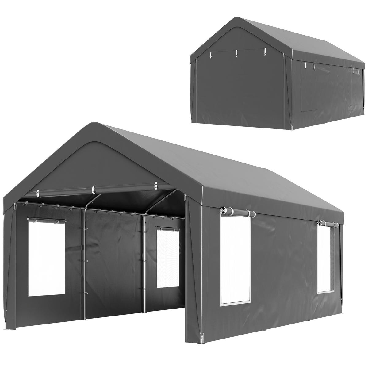 CARPORT DE-12659 300/600 cm mit 2 Rolltüren und 4 Fenstern Dunkelgrau - Dunkelgrau, Kunststoff (303/280/600cm) - ComfortXL