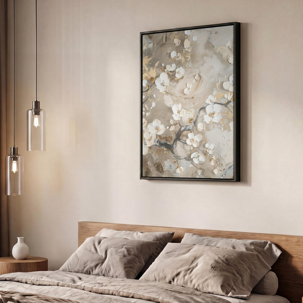 LEINWAND Bilder mit Rahmen - Blumen - Weiß - Gold - Beige - Luxus - 50x70 - Greige, Textil (50/70cm) - MuchoWow