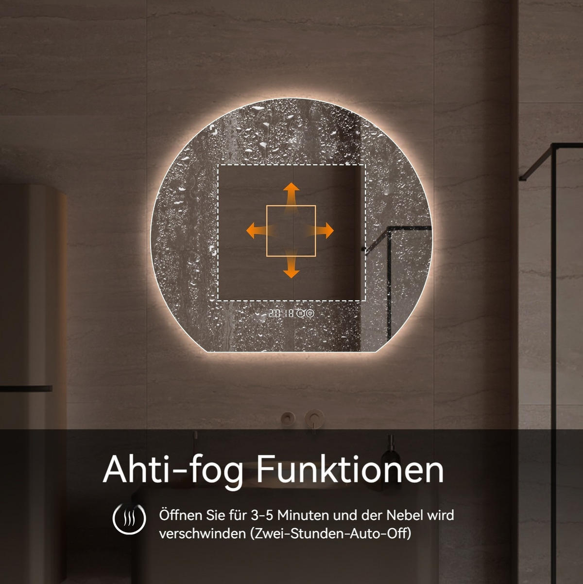 LED Badezimmerspiegel 80x72x2.5cm Silber, dimmbar mit 3 Lichtfarben, Entspiegelung & Smart-Display - Silberfarben, Glas (2.5/80/72cm) - Modfu