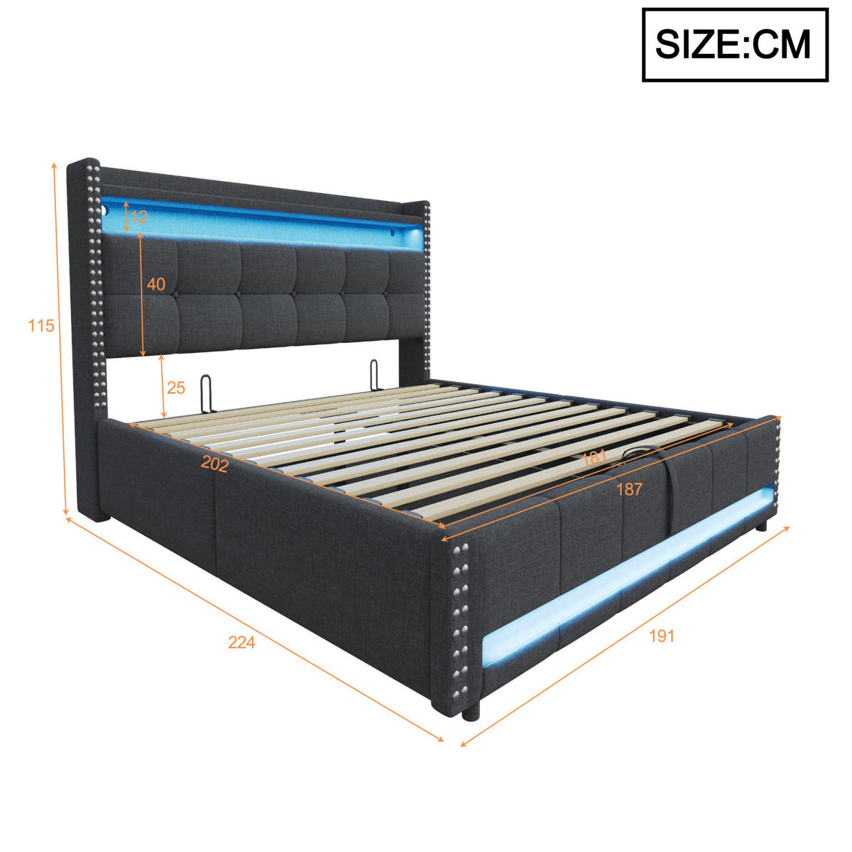 POLSTERBETT 180/200 cm Grau aus Leinenstoff mit LED und Stauraum - Grau, Textil (180/200cm) - OKMYHOME