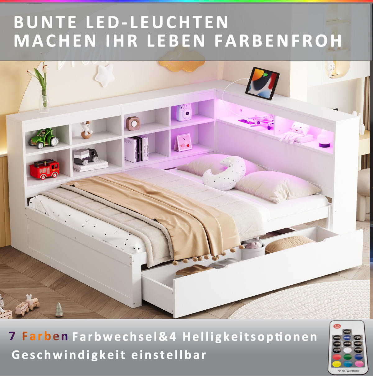 MULTIFUNKTIONSBETT 140x200 cm in Weiß mit Schubladen, LED-Beleuchtung und USB-Anschluss - Weiß, Holzwerkstoff (140/200cm) - IVMEU