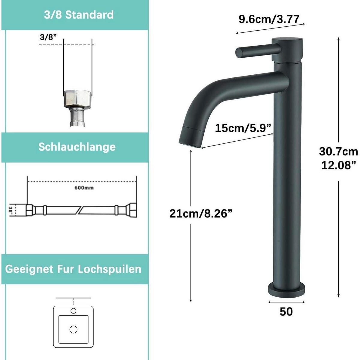 WASCHTISCHARMATUR Hoch Schwarz - Schwarz, Metall (30.7/9.6/15cm)