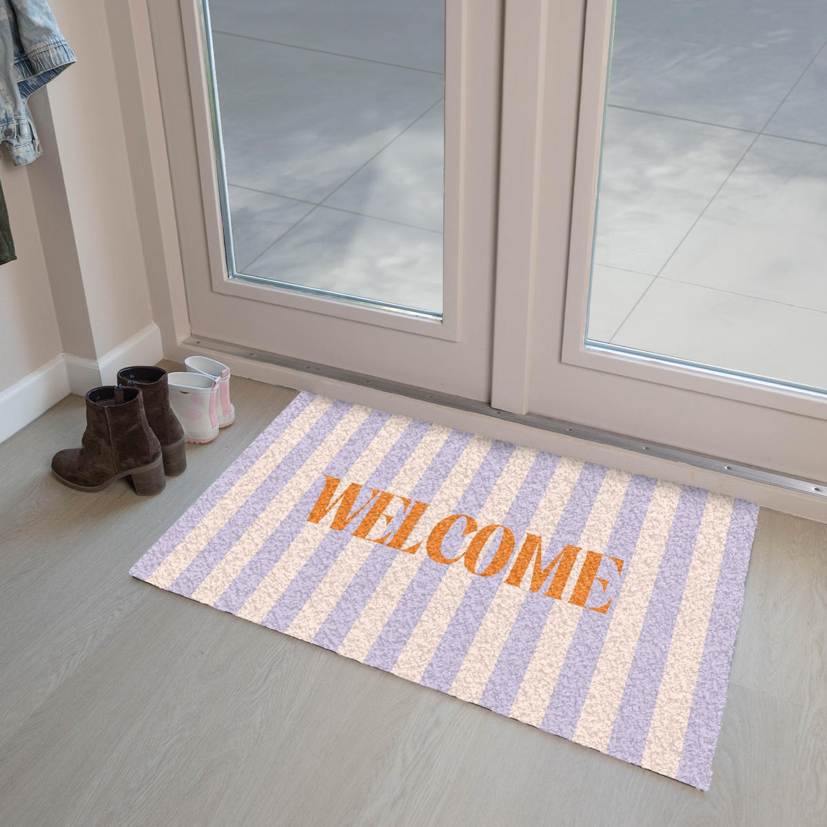 FUSSMATTE Lila – Orange – Streifen – Willkommen 90x60 cm - Flieder, Kunststoff (90/0.4cm) - MuchoWow