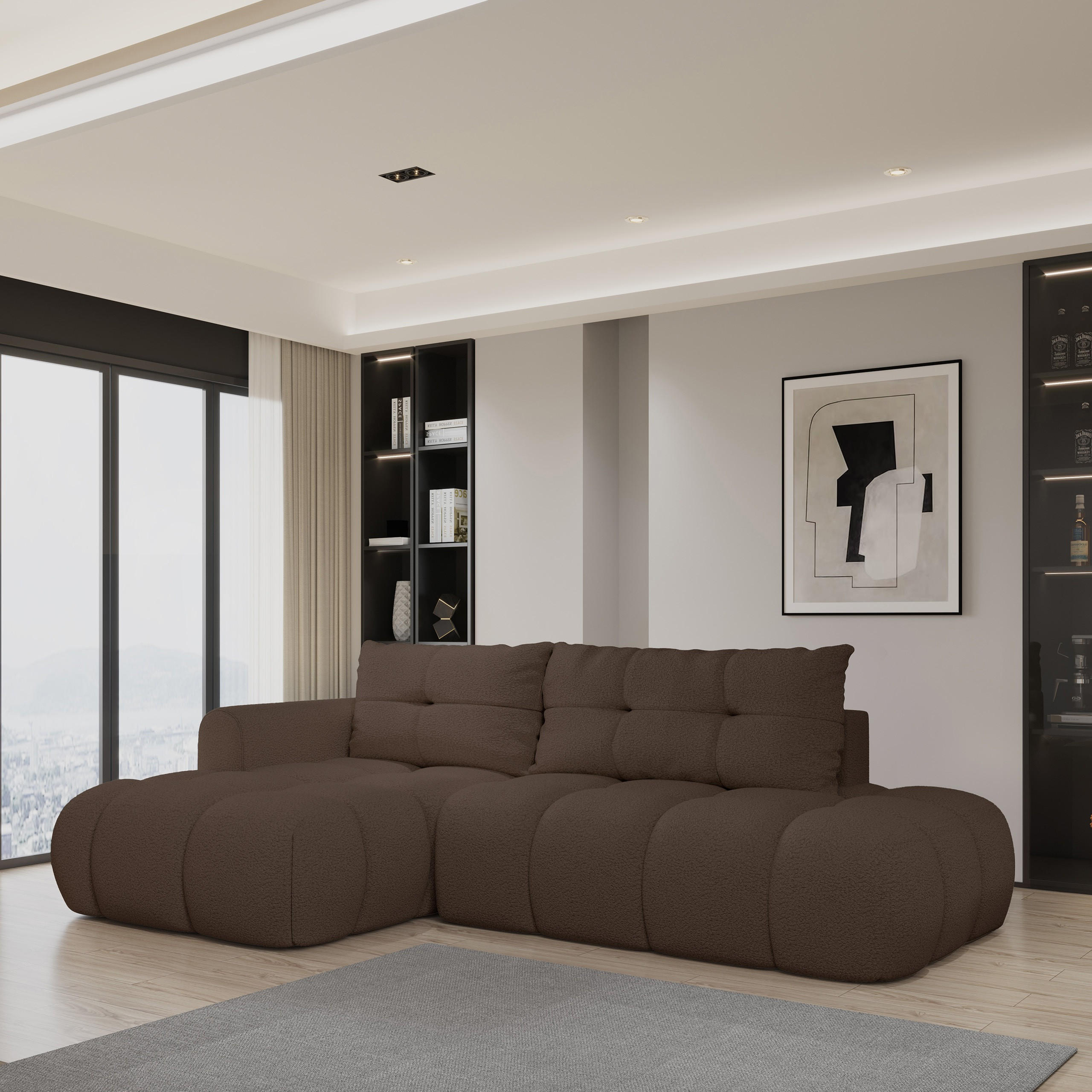 ECKSOFA FLUMA L-S Braun Boucle-Stoff mit Schlaffunktion - Braun, Holz (274/165cm) - MASSENO
