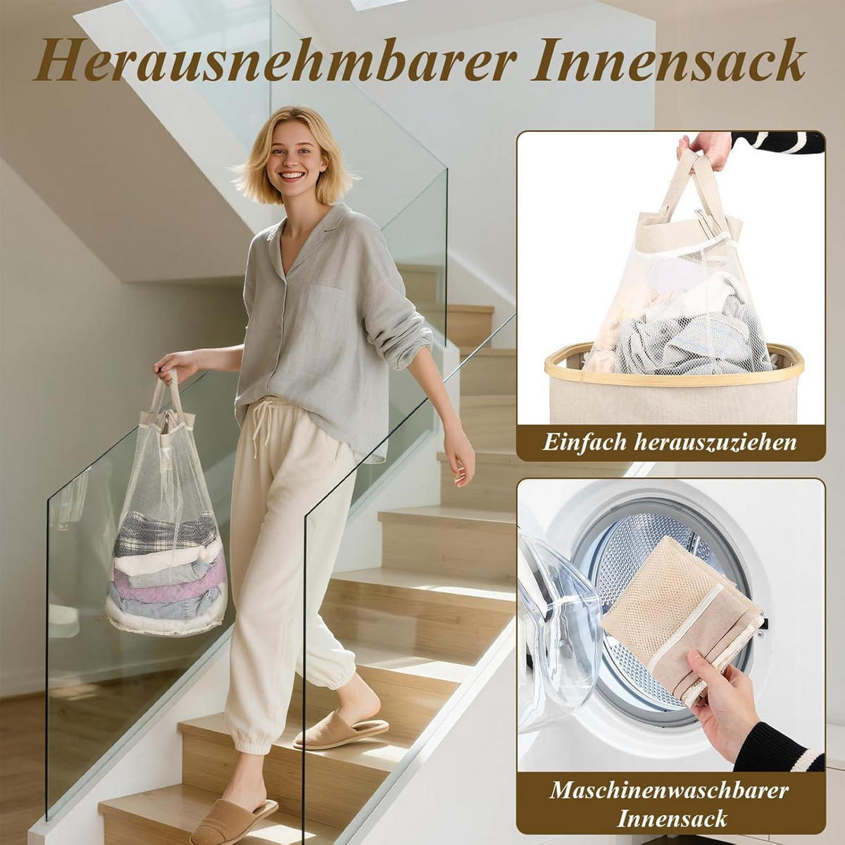 WÄSCHEKORB Bambus 80L mit Deckel und herausnehmbarem Beutel - Beige, Naturmaterialien (32/56/44cm)